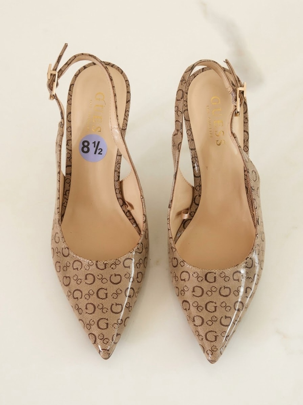 GUESS Beige Logo-Print Pointed Slingback Mules